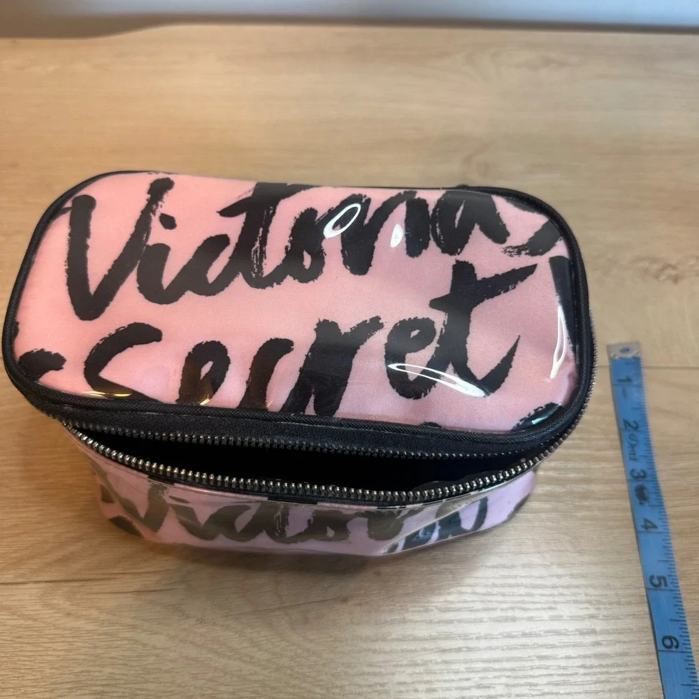 Victoria's Secret Pink Black Script Logo Makeup Bag Train Case Polka Dot Lining